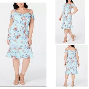 New! Love Squared Dress Off the Shoulder Midi Floral Blue Plus Sz 1X